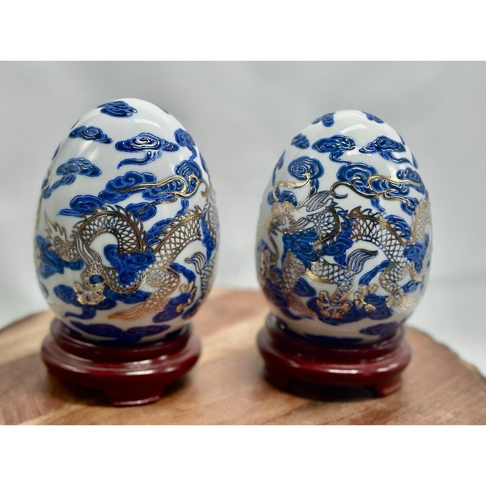 Old Chinese Dragon Blue White Gold Gilt Porcelain Chinoiserie Eggs On Stands